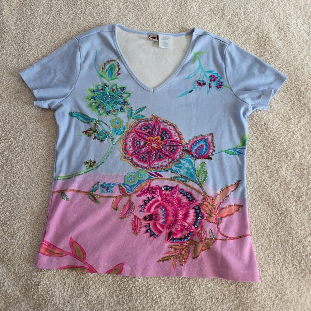 Forbidden Vtg 90s Top Women XL Pink Floral Beaded Sequin Y2K Fairy V-Neck Whimsy